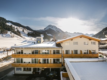 Familienhotel - Pools: Schwimmteich - Österreich - Außenansicht im Winter mit Skipiste im Hintergrund - Familienhotel Botenwirt ***S