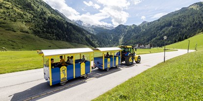 Familienhotel - Spielplatz - Österreich - Im Sommer Ausfahrten mit unserem Panoramazug "Kurt, der Gletscherwurm" zu den Tuxer Bauernhöfen - Kinder- & Gletscherhotel Hintertuxerhof
