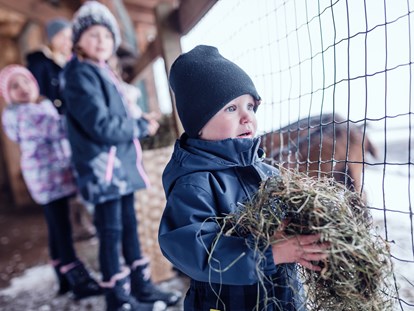 Familienhotel - Kinderwagenverleih - Ellmau - Tiere füttern im Winter - Familienresort Ellmauhof - das echte All Inclusive ****S