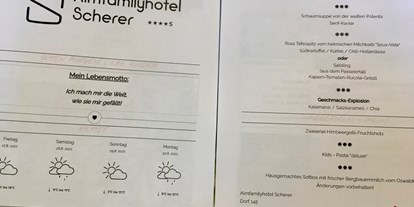 Familienhotel - ausschließlich Familien im Hotel - Tagesprogramm und Menü - Almfamilyhotel Scherer****s - Familotel Osttirol