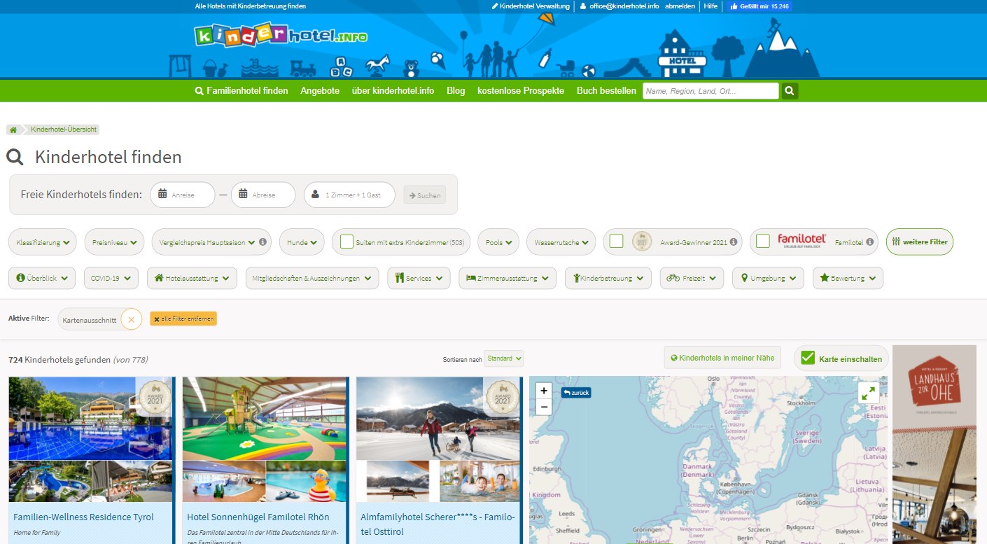 Screenshot Kinderhotel Sucheseite