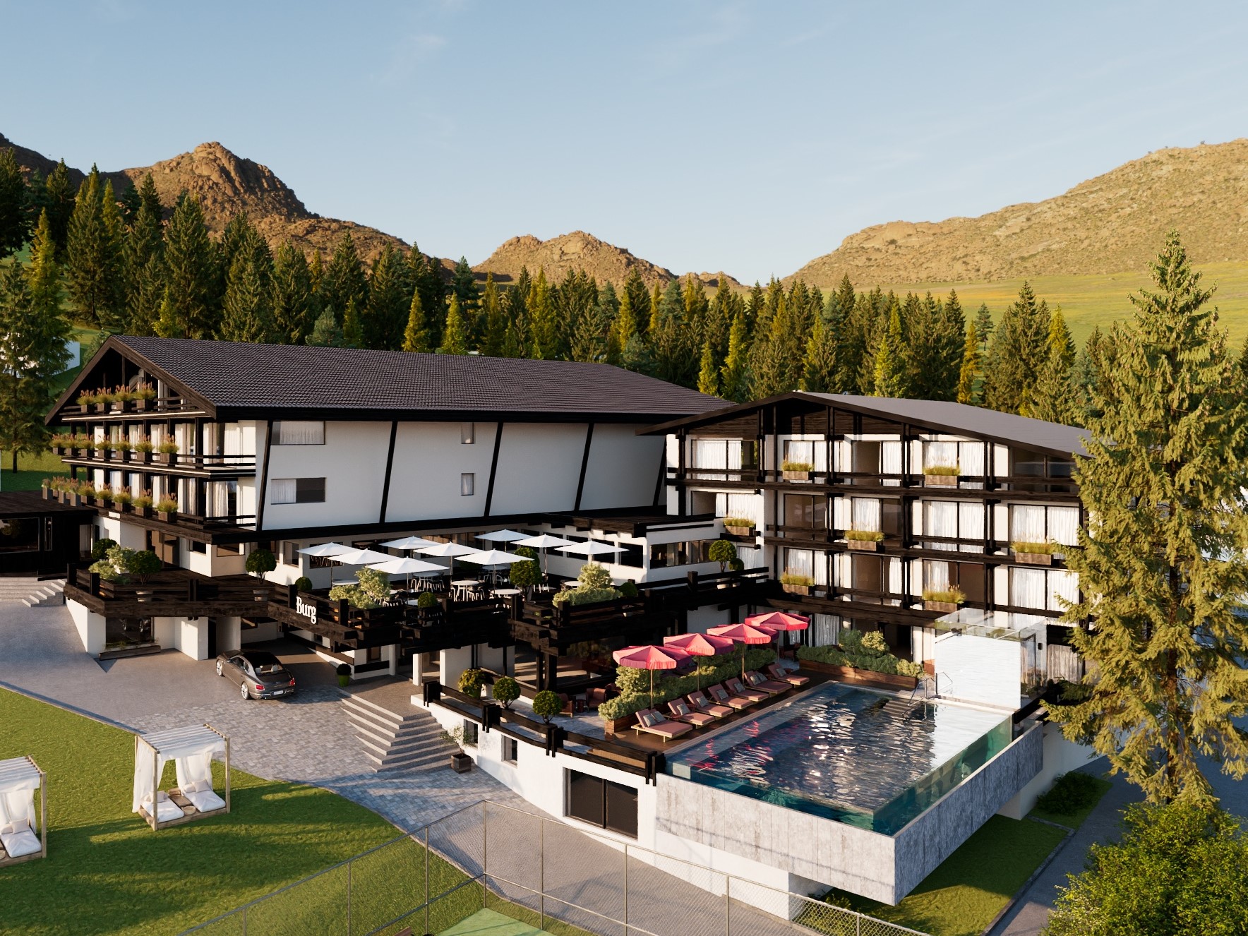 Familienhotel - Pools: Innenpool - Außenansicht mit Infinity-Pool Burg Hotel Lech am Arlberg - Burg Hotel Lech am Arlberg