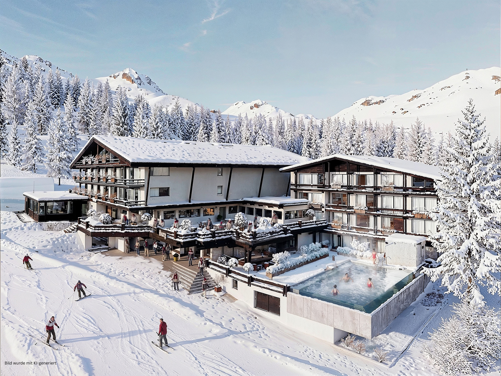 Kinderhotel: Burg Hotel Außenansicht Winter - KI generiert - Burg Hotel Lech am Arlberg