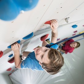 Kinderhotel: Kletterturm mit Bouldergrotte in der neuen Multifunktions-Sporthalle - Familotel Allgäuer Berghof