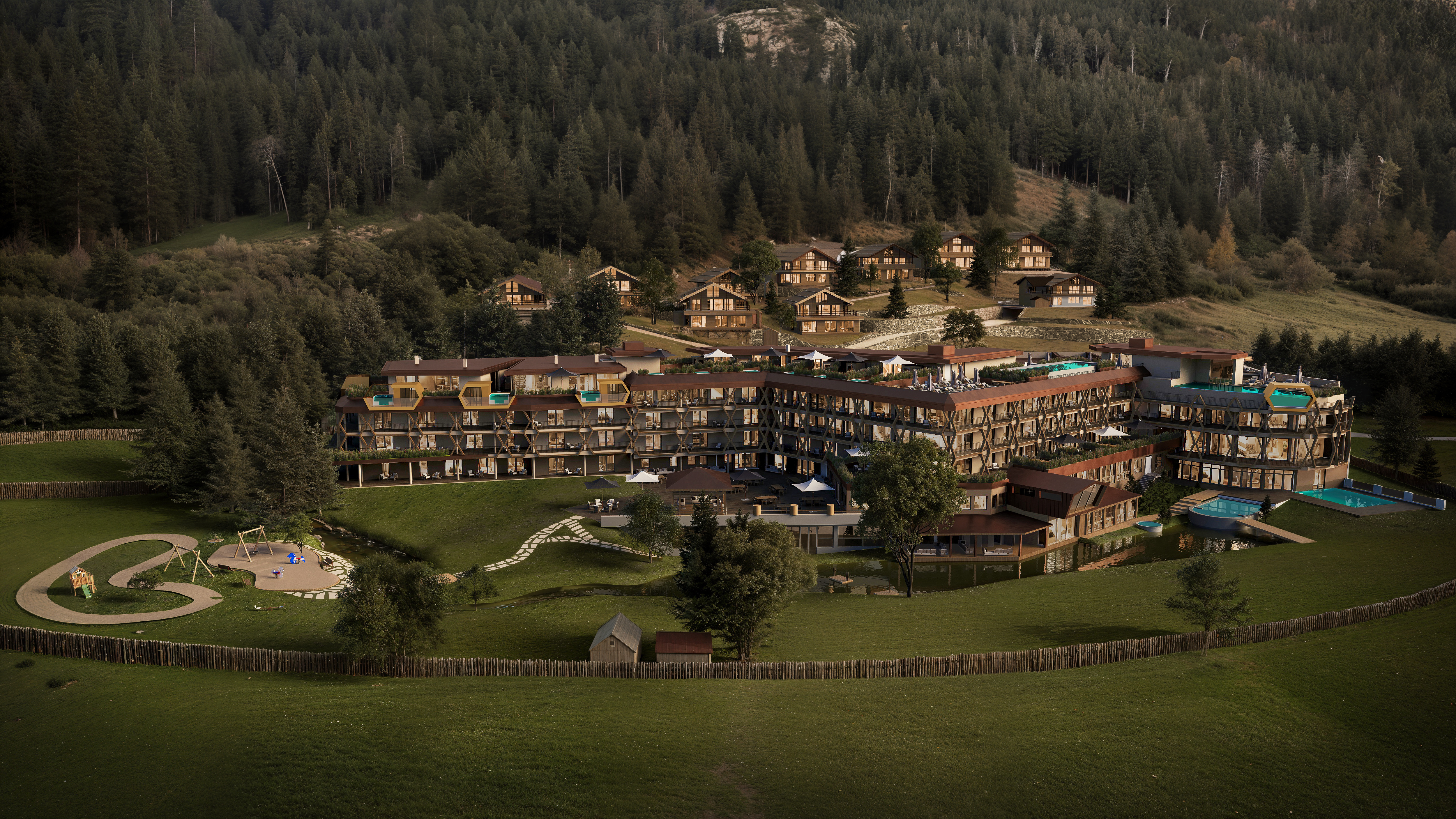 Kinderhotel: Modernes Sommer-Rendering des Alpura, eingebettet in die Südtiroler Berglandschaft. Klare Architektur, großzügige Außenbereiche und viel Natur schaffen eine ruhige, hochwertige Atmosphäre für Familienurlaub im eigenen Rhythmus. - Alpura