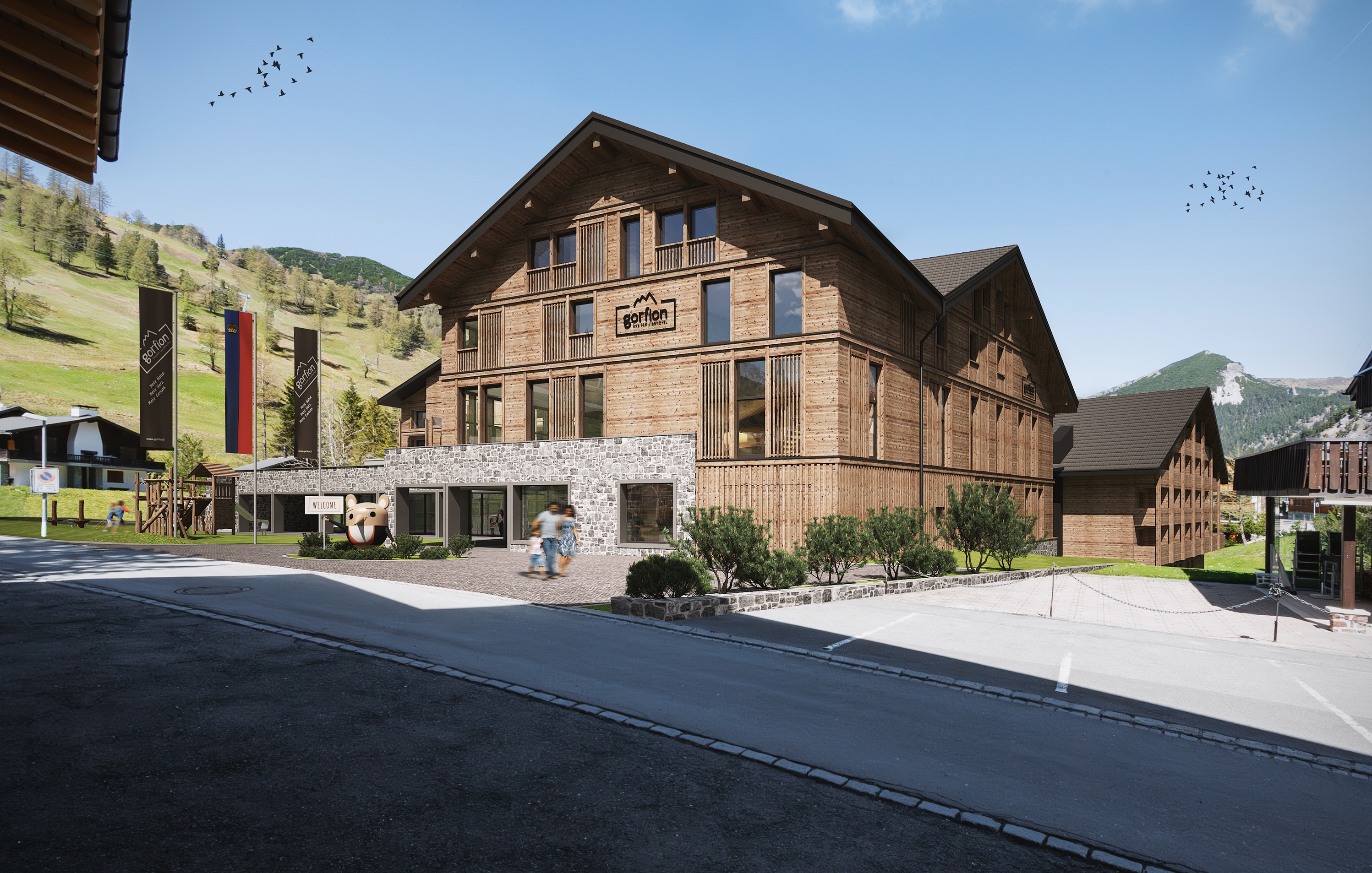 Familienhotel - Tschagguns - Gorfion Familienhotel Liechtenstein in Malbun nach der Fertigstellung des Umbaus im Herbst 2026 (Visualisierung) - Gorfion Familienhotel Liechtenstein