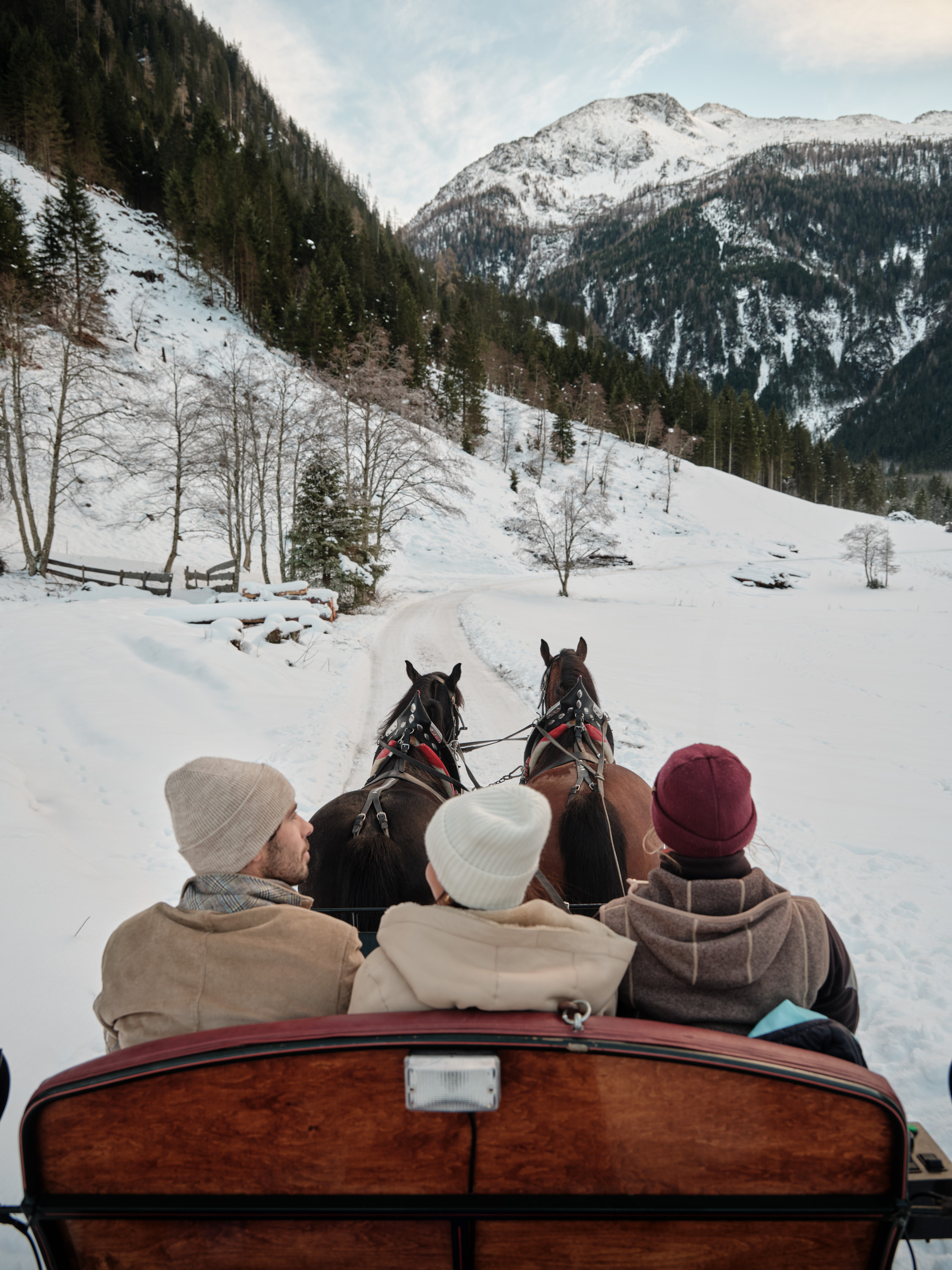 Kinderhotel: Winterliche Pferdekutschenfahrt durch das verschneite Großarltal – ein besonderes Urlaubserlebnis für Familien im Salzburger Land. - DAS EDELWEISS Salzburg Mountain Resort