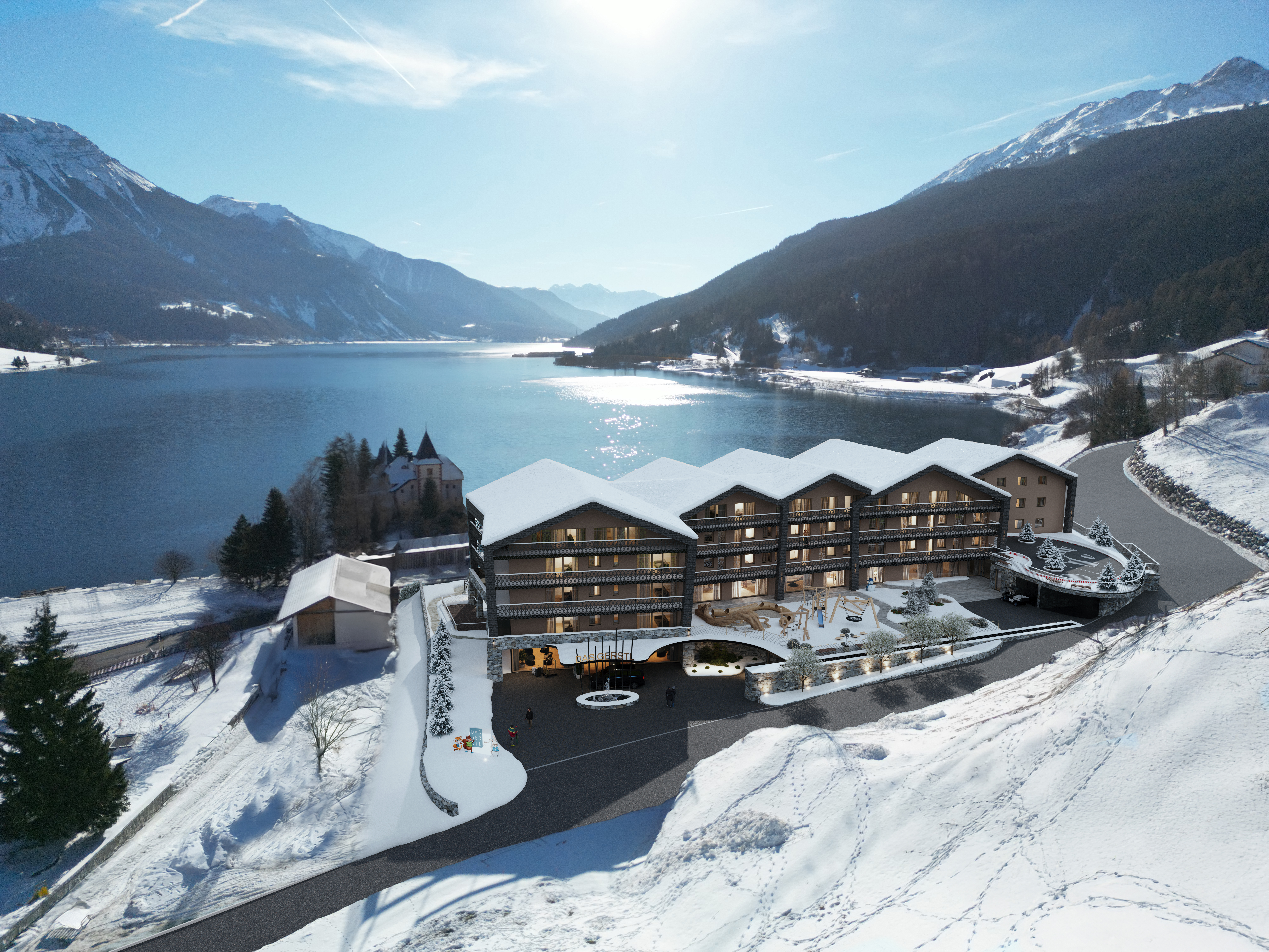 Kinderhotel: Blick auf den Reschensee im Winter - DAS GERSTL Family Retreat
