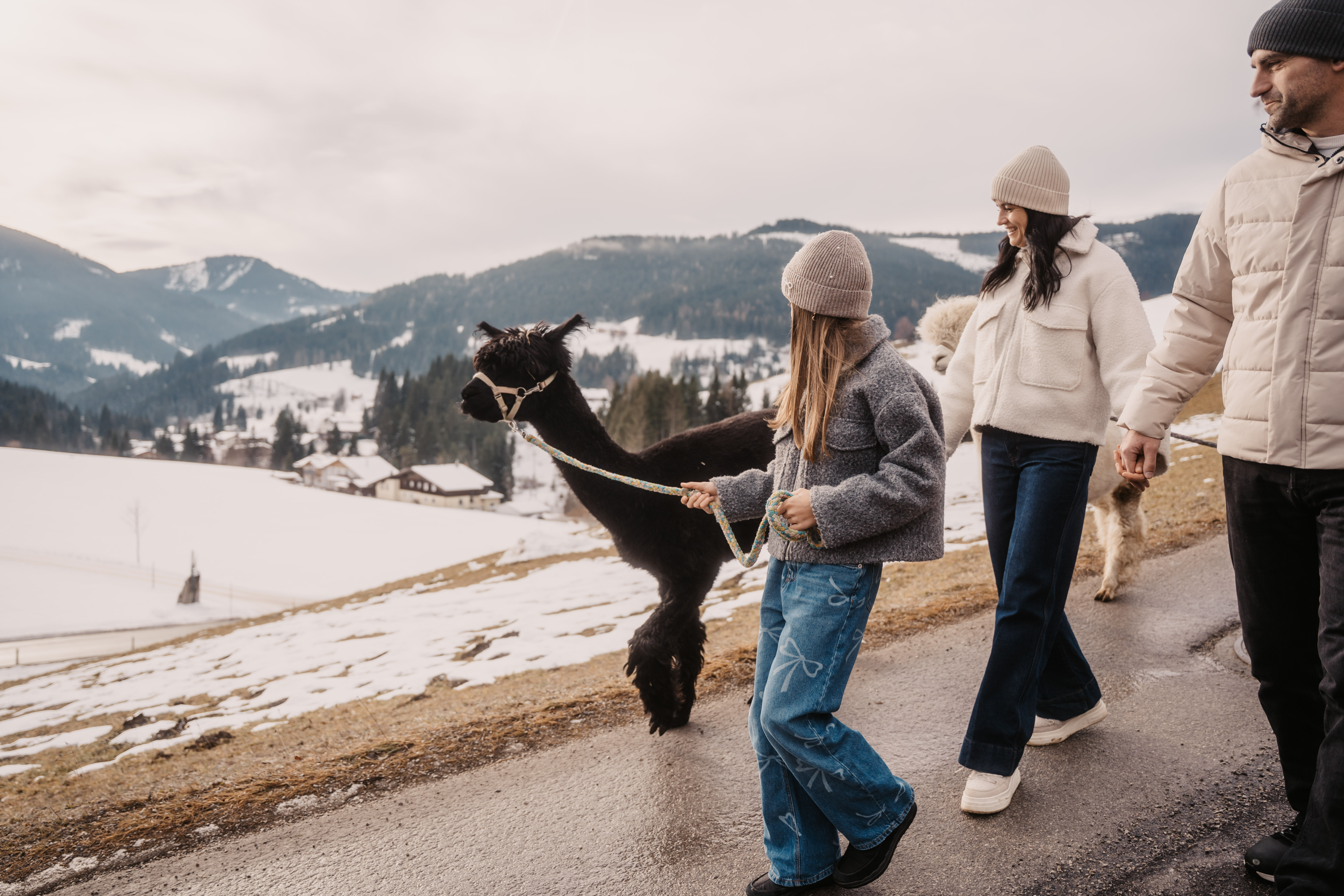 Kinderhotel: Spaziergang in der schönen Landschaft von Filzmoos mit unseren beiden Alpakas - Hotel …mein Neubergerhof****S