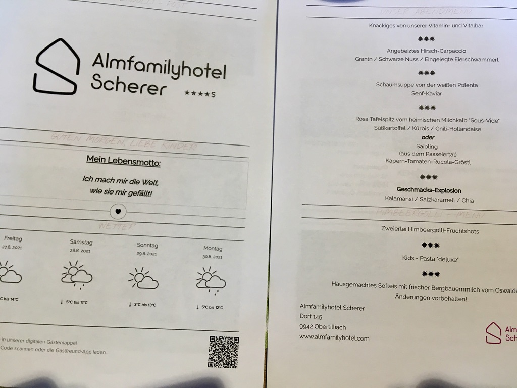 Kinderhotel: Tagesprogramm und Menü - Almfamilyhotel Scherer****s - Familotel TIROL