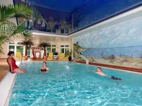 Kinderhotel: Hallenschwimmbad mit Gegenstromanlage und Nackenschwallbrause - Ferienpark Heidenholz